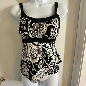 Caribbean Joe Tankini Top Molded Cups Floral Black White 12